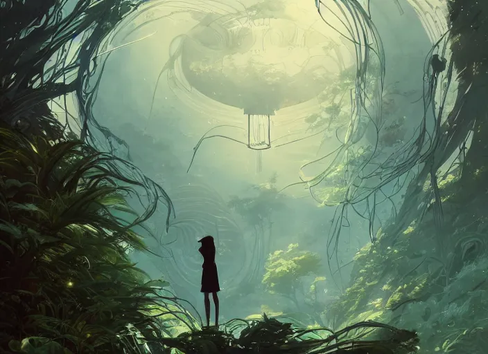 Image similar to time does not exist anymore, open ceiling, overgrown vegetation, golden curve composition, animation portrait concept art, style of makoto shinkai, xision, james jean and peter mohrbacher, studio ghibli, artgerm, karol bak, dan mumford, 4 k hd, animation style