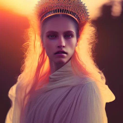 Prompt: photographic portrait of a stunningly beautiful high priestess of the rosicrucian order female in soft dreamy light at sunset, contemporary fashion shoot, by edward robert hughes, annie leibovitz and steve mccurry, david lazar, jimmy nelsson, breathtaking, 8 k resolution, extremely detailed, beautiful, establishing shot, artistic, hyperrealistic, beautiful face, octane render