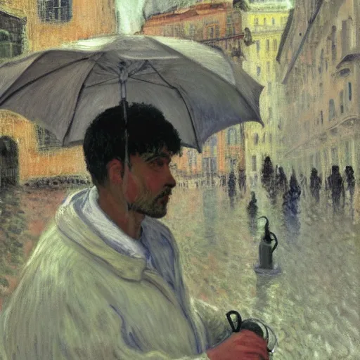 Image similar to painting of a guy with white hoodie and headphones at a bus stop in genoa rainy day by monet