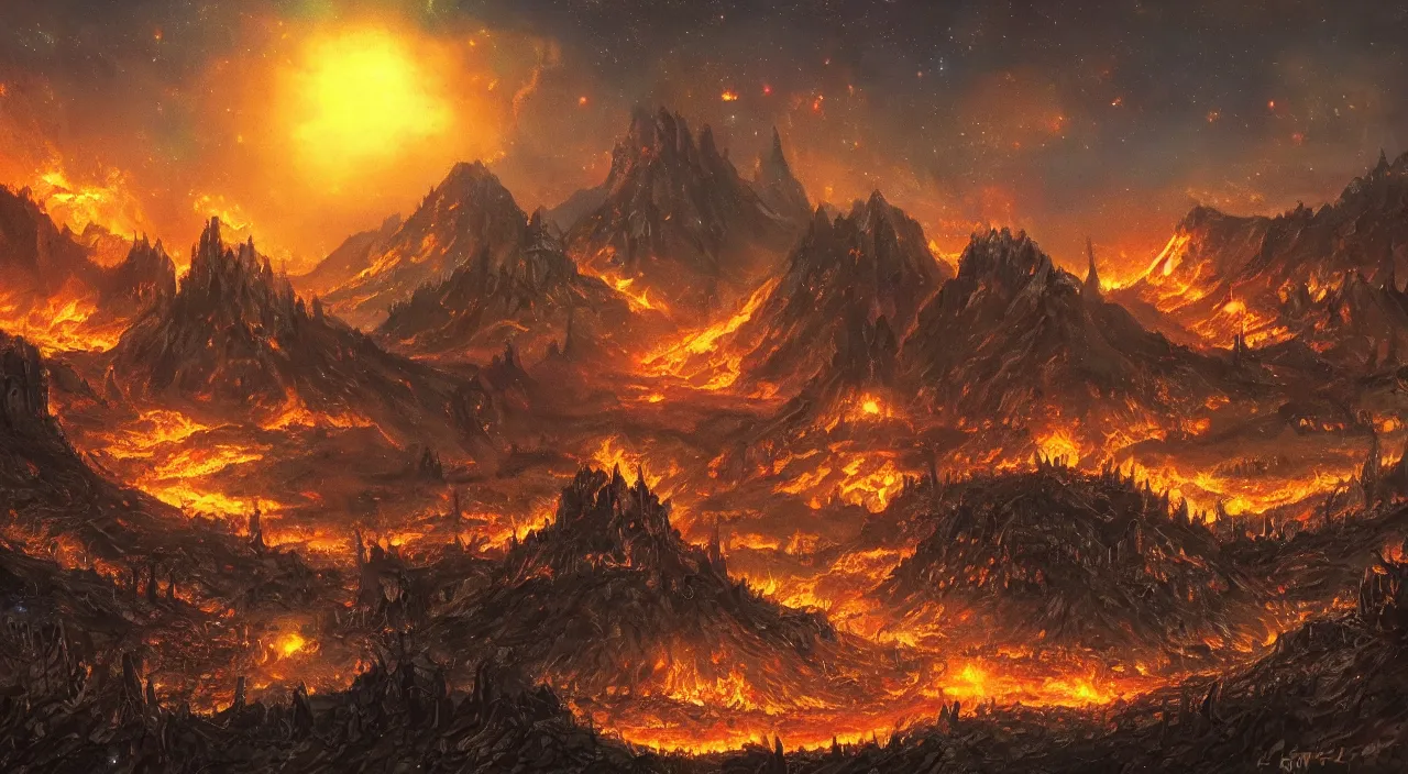 Image similar to The village on the sun under the lava mountains in the lord of the rings lore stylized galaxy and realm of fantasy adventure. Woo hoo I love being fantastical! Landscape scenery painting for an art contest.