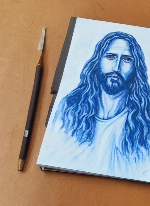 Prompt: painting of jesus drawn with blue pen on checkered notebook sheets,