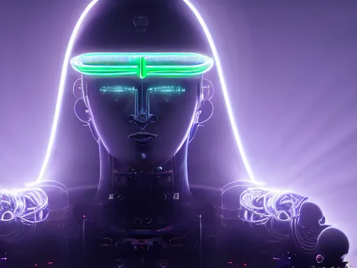 Image similar to a gray faceless figure, ascended, robot wizard, NPC with a saint\'s halo, saintly halo behind their head made of neon filigree, consulting the cyber oracle of all knowledge, at the end of time, in an esoteric ritual exchange of physical code, 8k, 4k, unreal 5, DAZ, trending on artstation, octane render, abstract painting, bright blue future