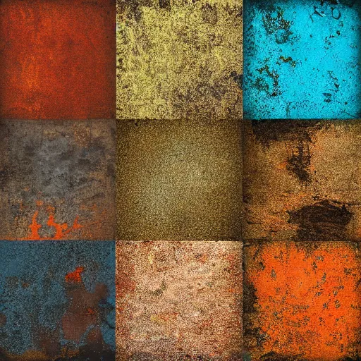 Image similar to large squares of different colors, rust texture, detailed, part of the photo is missing