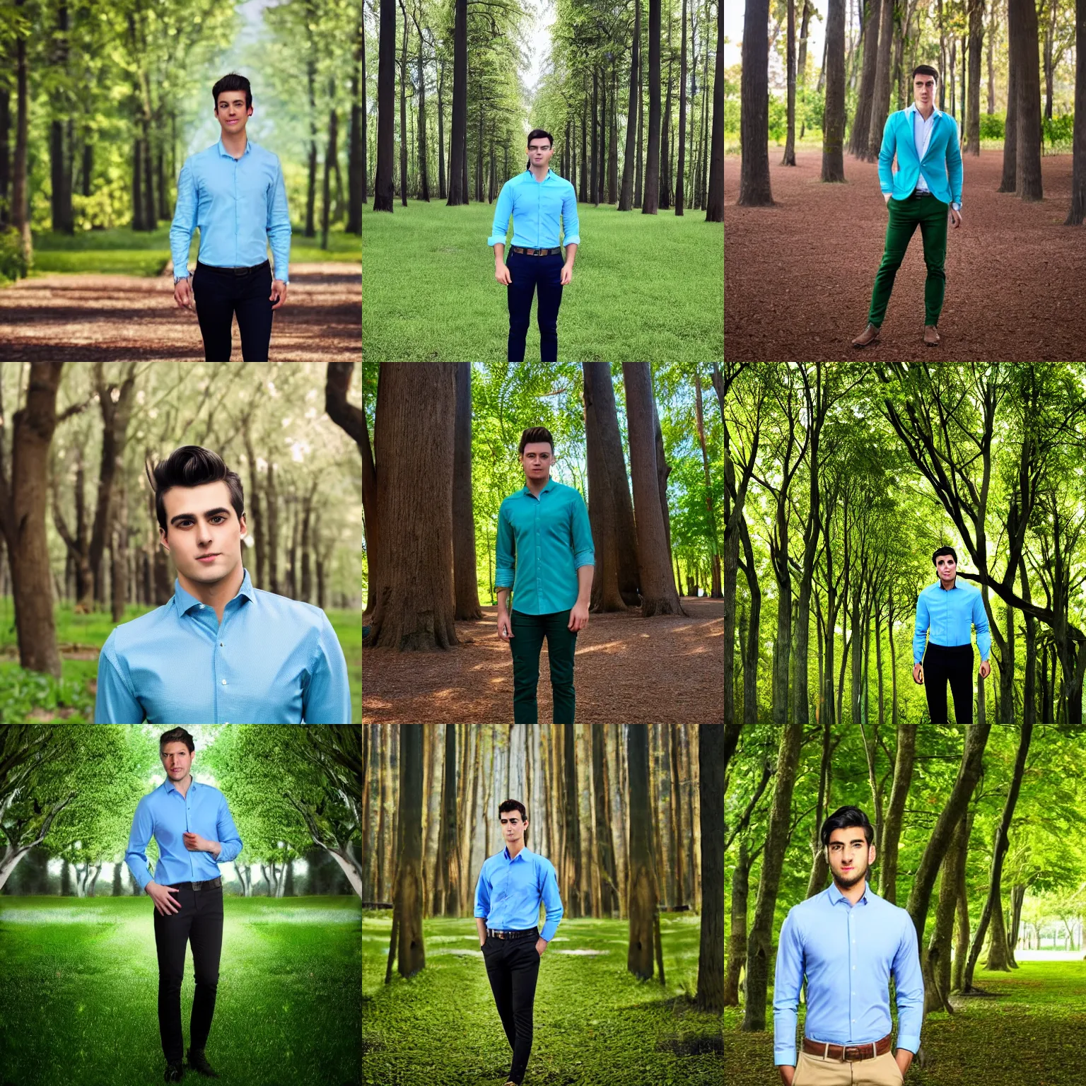 Prompt: a handsum clean shaven young man dressed in semi formal wear, dark pants light blue button down shirt, green trees in the background 4 k