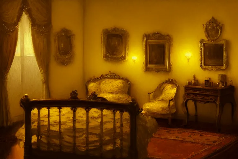 Image similar to an ornate yellow victorian bedroom at night, 1 8 9 0, key visual, conceptart, ambient lighting, highly detailed, digital painting, artstation, concept art, sharp focus, by makoto shinkai and akihiko yoshida and greg manchess