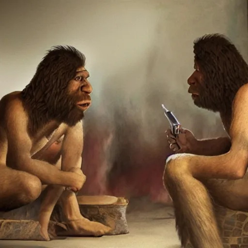 Prompt: neanderthals watching to television, photorealistic