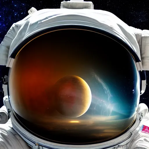 Image similar to astronaut in space floating in the eye of the universe, photo - realistic, hyper - realistic, cinematography, 8 k, hd, highly detailed, dreamy