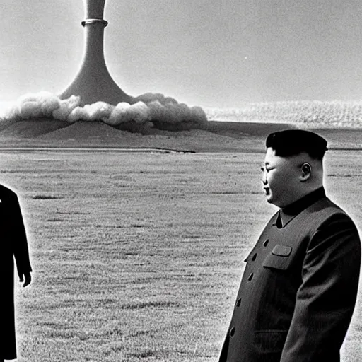 Prompt: nuclear explosion with kim jong un standing in the background