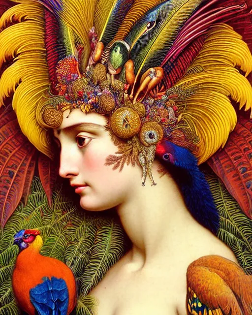 Image similar to hyperrealistic detailed face portrait of the beautiful goddess of the golden pheasants with an intricate headgear of golden pheasant, red berries, leaves, field flowers, pears, apples, art by ernst haeckel, john william godward, android jones, alphonso mucha, h. r. giger, gothic - cyberpunk, ornamental, beautiful deep colours,