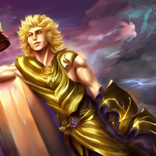 Image similar to Dio as a blond male demigod with beautiful long curly hair proclaiming victory over his subjects, grandiose royal palatial staging, official league of legends splash art, artstation HD