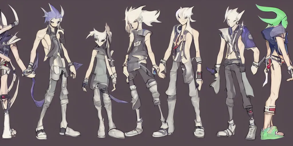 Prompt: concept art of single alien boy, disgaea game characters full body designs, unique heads, casual streetwear, by james gurney and artgerm