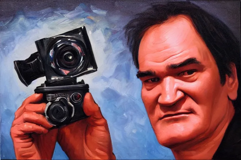 Image similar to Quentin tarantino holding a 16 mm camera, oil painting