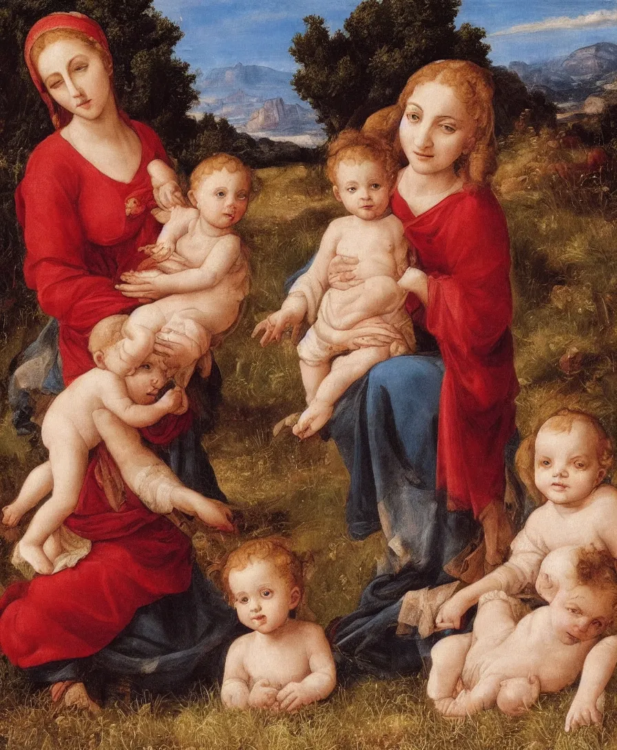 Image similar to Detailed Portrait of Madonna, with infant Jesus and another boy playin in front of her in the style of Raffael. Red hair. They are sitting in a dried out meadow near in Tuscany, red poppy in the field. On the horizon there is a blue lake with a town and blue mountains. Flat perspective.