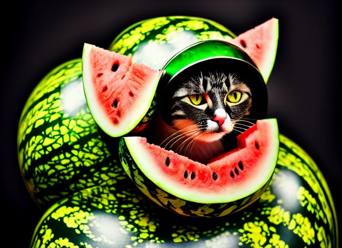 Image similar to photo of a cat wearing a helmet made of a watermelon. fantasy horror style. highly detailed 8 k. intricate. lifelike. soft light. nikon d 8 5 0 5 5 mm. dof. cinematic post - processing.