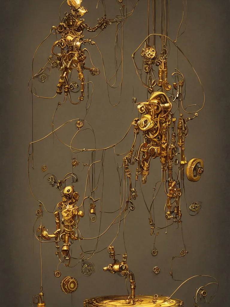 Image similar to mechanical clockwork character made of gold and hanging by wires in a dark room, created by peter mohrbacher, photorealistic, puppet, strings, 8 k