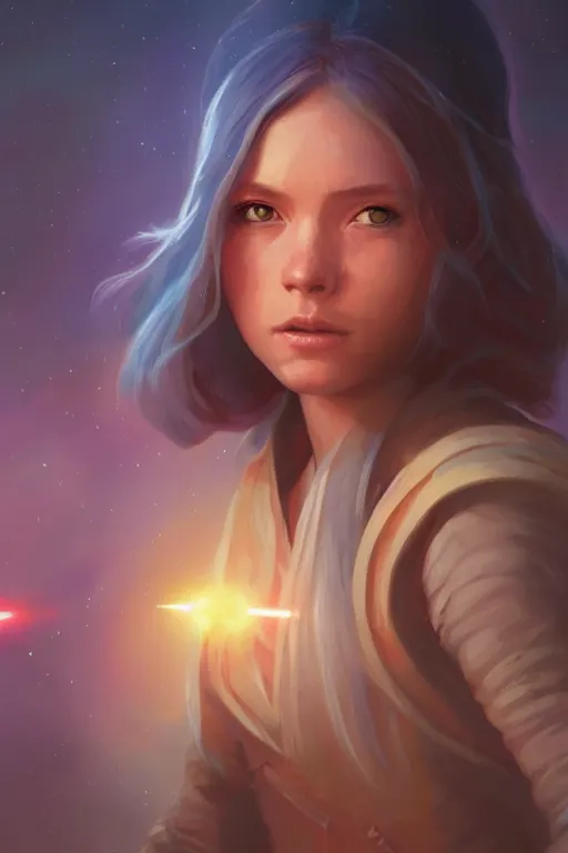 Prompt: a portrait of a cute young female jedi, star wars setting, vivid colors, soft lighting, atmospheric, cinematic, moody, in the style of artgerm and greg rutkowski, oil on canvas, 8 k