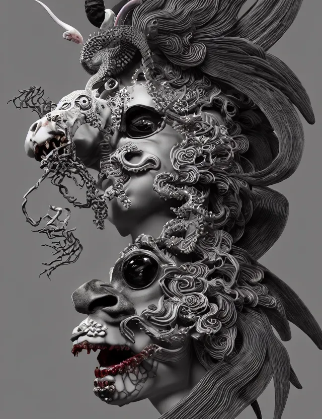 Image similar to 3 d goddess of hell close - up profile portrait with ram skull. beautiful intricately detailed japanese crow kitsune mask and clasical japanese kimono. betta fish, jellyfish phoenix, bio luminescent, plasma, ice, water, wind, creature, artwork by tooth wu and wlop and beeple and greg rutkowski