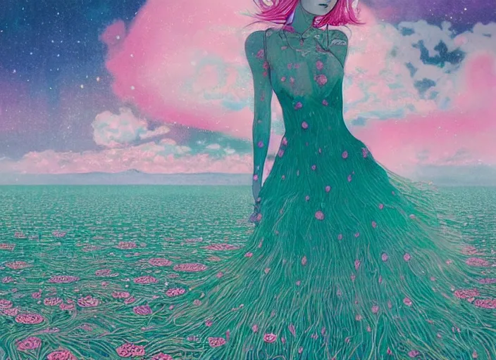 Prompt: lee jin - eun in luxurious flowery dress emerging from pink and turquoise water in salar de uyuni with the ground reflecting the aurora borealis by takato yamamoto, james jean, conrad roset, ruan jia, martine johanna, rule of thirds, elegant look, beautiful, chic, face anatomy, cute complexion