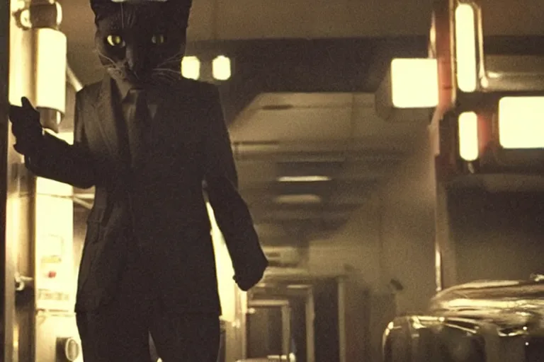 Image similar to film still of a genetically modified anthropomorphic humanoid cat - detective. neo - noir. directed by ridley scott.