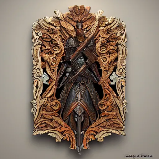 Image similar to intricate colorfully painted carved wood paneling, dark souls, ivory and copper, artstation