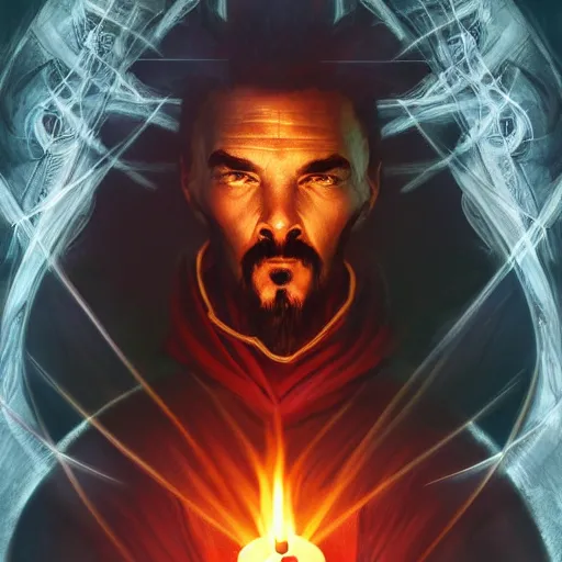 Prompt: Portrait of evil Dr Strange performing a satanic ritual, elegant, digital painting, highly detailed, fantasy, artstation, concept art, smooth, sharp focus