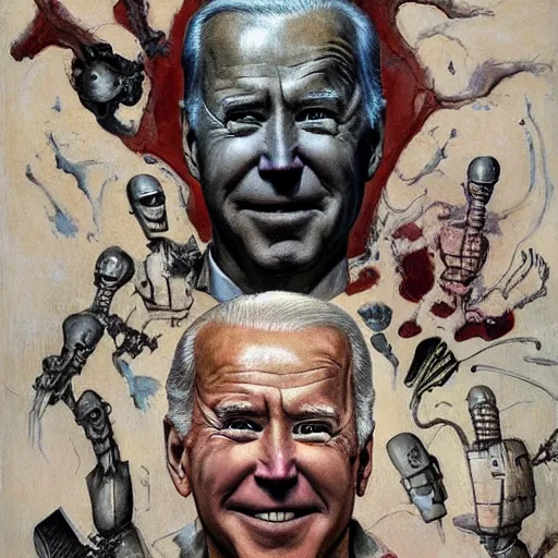 Image similar to terrifying, surreal portrait of joe biden with face sloughing off to reveal robot underneath l by j. c. leyendecker, bosch, william blake, stephen gammell, jon mcnaughton, and beksinski