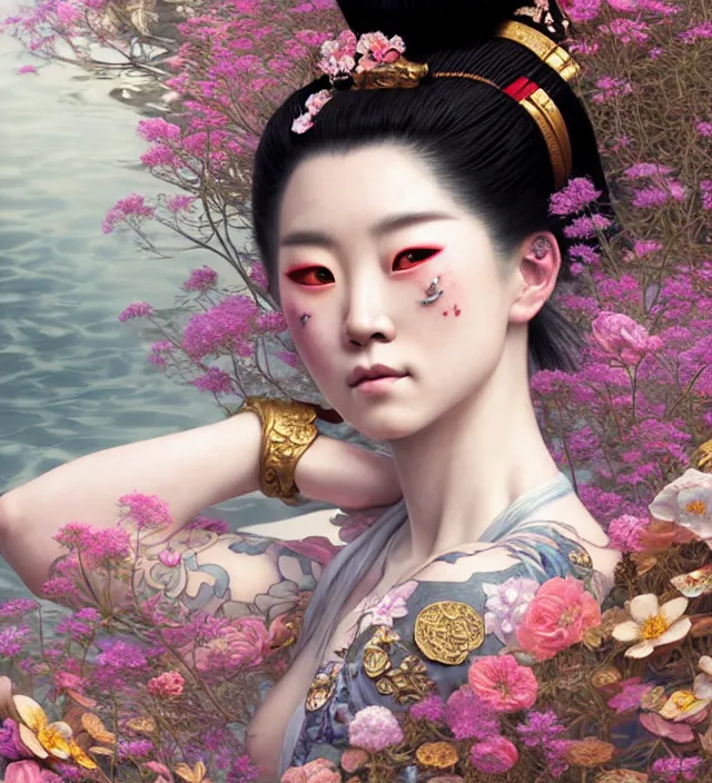 Image similar to baroque portrait of one yakusa biomechanic geisha with tattoos is lying down in a river made of thousand of flowers, backlighting, photorealistic, octane render, 8 k, depth of field, art by artgerm and greg rutkowski and alphonse mucha and uang guangjian