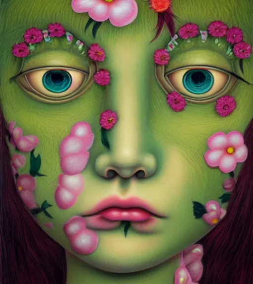 Image similar to portrait of a flowerpunk girl's face, lowbrow painting by mark ryden and hiroyuki mitsume - takahashi and margaret keane