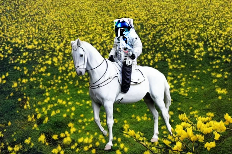 Prompt: an astronaut rode a white horse in a forest of osmanthus, surrealistic style