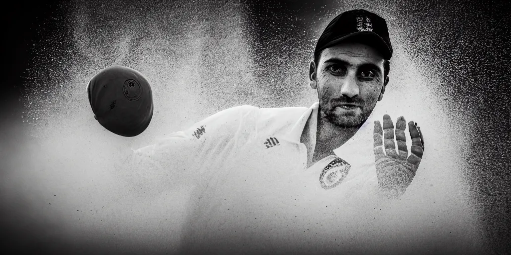 Prompt: Close up portrait of a Cricket Player, award winning photograph, 50 mm lens and f/12.0, fast shutter speed of water floating in the air