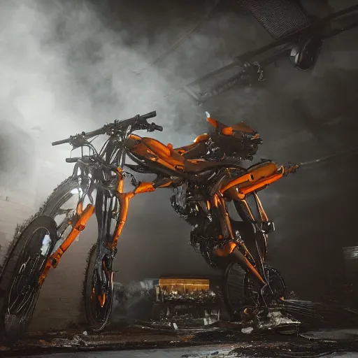 Image similar to bicycle mecha, dark messy smoke - filled cluttered workshop, dark, dramatic lighting, orange tint, cinematic, highly detailed, sci - fi, futuristic, movie still