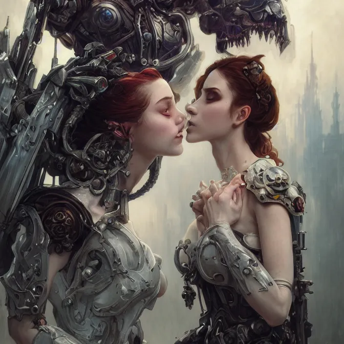 Prompt: portrait of two beautiful pale gothic cyborg maidens kissing, warhammer 40000, cyberpunk, intricate, elegant, highly detailed, digital painting, artstation, concept art, smooth, sharp focus, illustration, art by artgerm and greg rutkowski and alphonse mucha