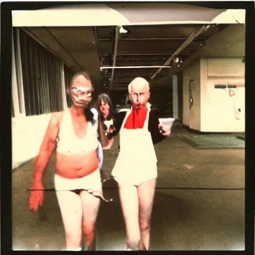 Prompt: found polaroid photo of trash humpers in an abandoned shopping mall