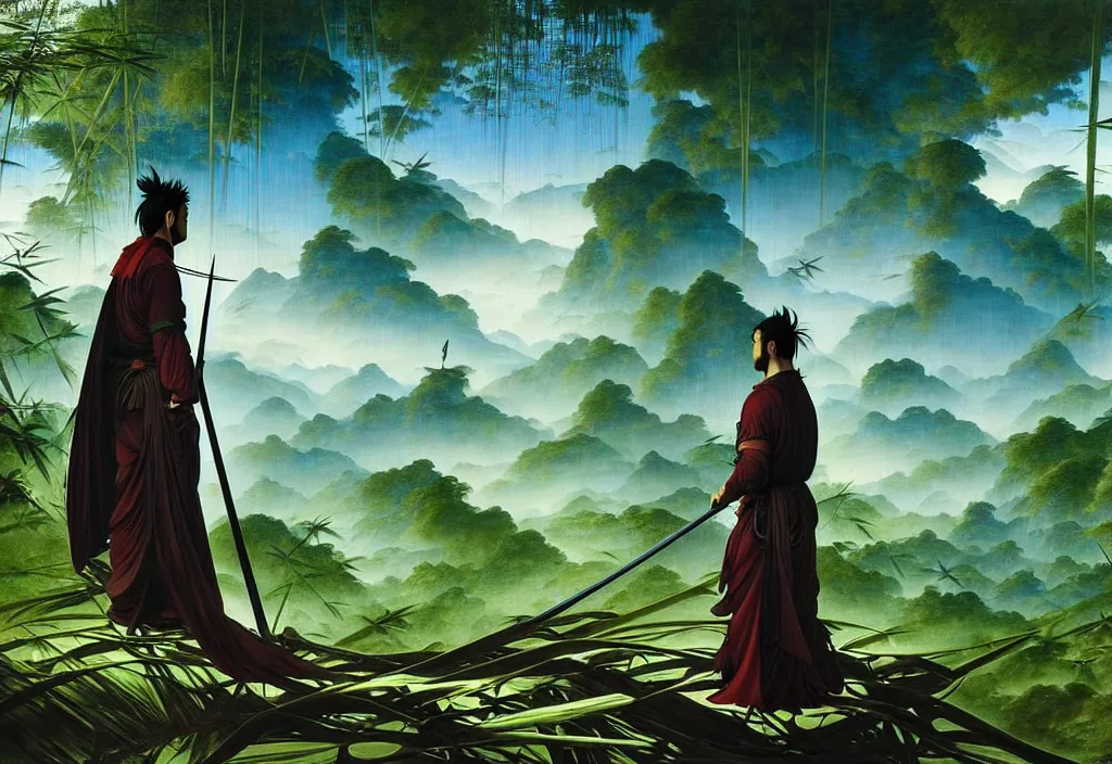 Prompt: yasuo the ancient swordsman gazing upon the world he has created while its raining in a bamboo forest, futuristic sci fi landscape background by denis villeneuve, monia merlo, yves tanguy, ernst haeckel, alphonse mucha, max ernst, caravaggio, roger dean, sci fi necklace, masterpiece