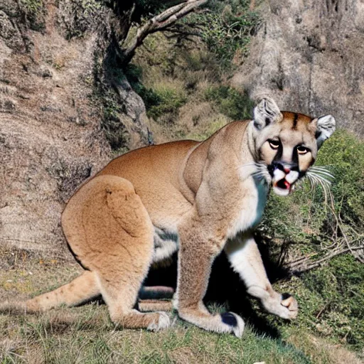 Prompt: trail cam of a mountain lion dancing with a monkey