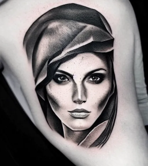 Image similar to amazing blend effect of beautiful mountain scenery with a beautiful woman face, tattoo design sketch, hyper - realistic, in the style of matteo pasqualin, amazing detail, black and white