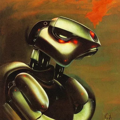 Image similar to portrait of a robot by frank frazetta