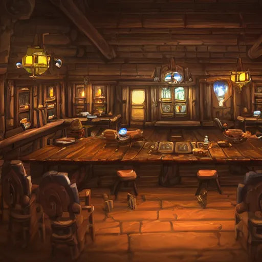 Prompt: empty hearthstone tavern, fantasy, warm, digital art, 3d, night time