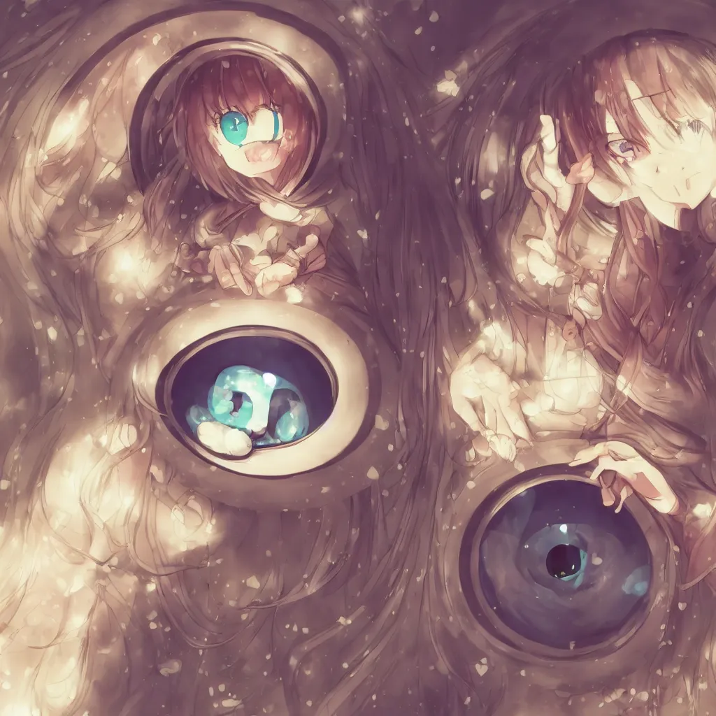 Image similar to illustration of an anime girl looking through a keyhole, fisheye lens, high quality, chibi art style, 4 k resolution, pixiv, nicoseiga, danbooru, gelbooru, safebooru, album artwork