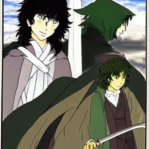 Image similar to peregrin took from the anime lord of the rings (1986), dark hair, green cape, studio ghibli, very detailed, realistic