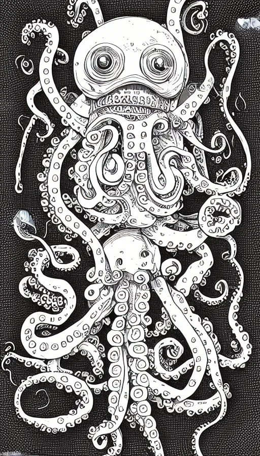 Prompt: robot with octopus tentacles, hand drawn illustration, antique style poster, highly detailed vector art