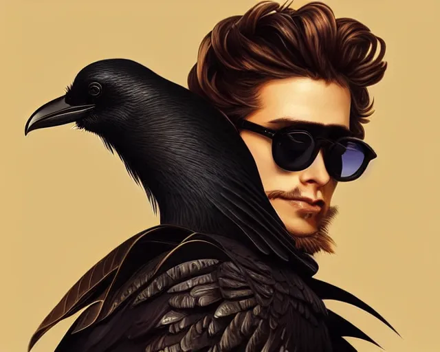 Prompt: a crow wearing sunglasses and a leather jacket, photography of kurzgesagt, deep focus, d & d, fantasy, intricate, elegant, highly detailed, digital painting, artstation, concept art, matte, sharp focus, illustration, hearthstone, art by artgerm and greg rutkowski and alphonse mucha