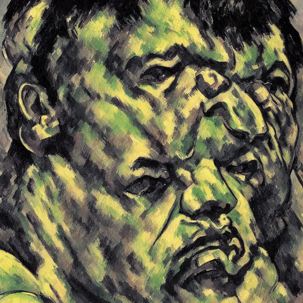 Prompt: a painting of a closeup headshot of The Hulk by Paul Cézanne.