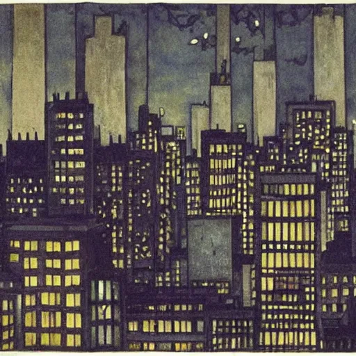 Prompt: A beautiful, but eerie, illustration of a cityscape at night. The buildings are all tall and thin, and they are lit up by a strange light. The sky is deep and dark and there are no stars to be seen. cutaway by Suzanne Valadon jaunty