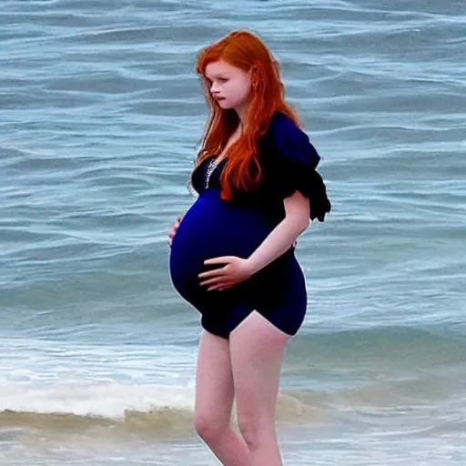 Prompt: pregnant Sadie Sink on a beach