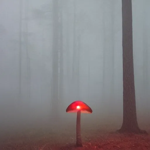 Image similar to a mushroom in the spooky woods at night, fog