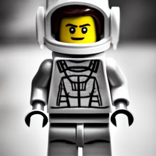 Image similar to closeup shot of lego astronaut that looks kind of like christopher walken ( eos 5 ds r, iso 1 0 0, f / 8, 1 / 1 2 5, 8 4 mm, postprocessed, bokeh )