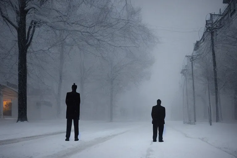 Image similar to Mysterious man standing in the middle of a snowy street photo by Gregory Crewdson,