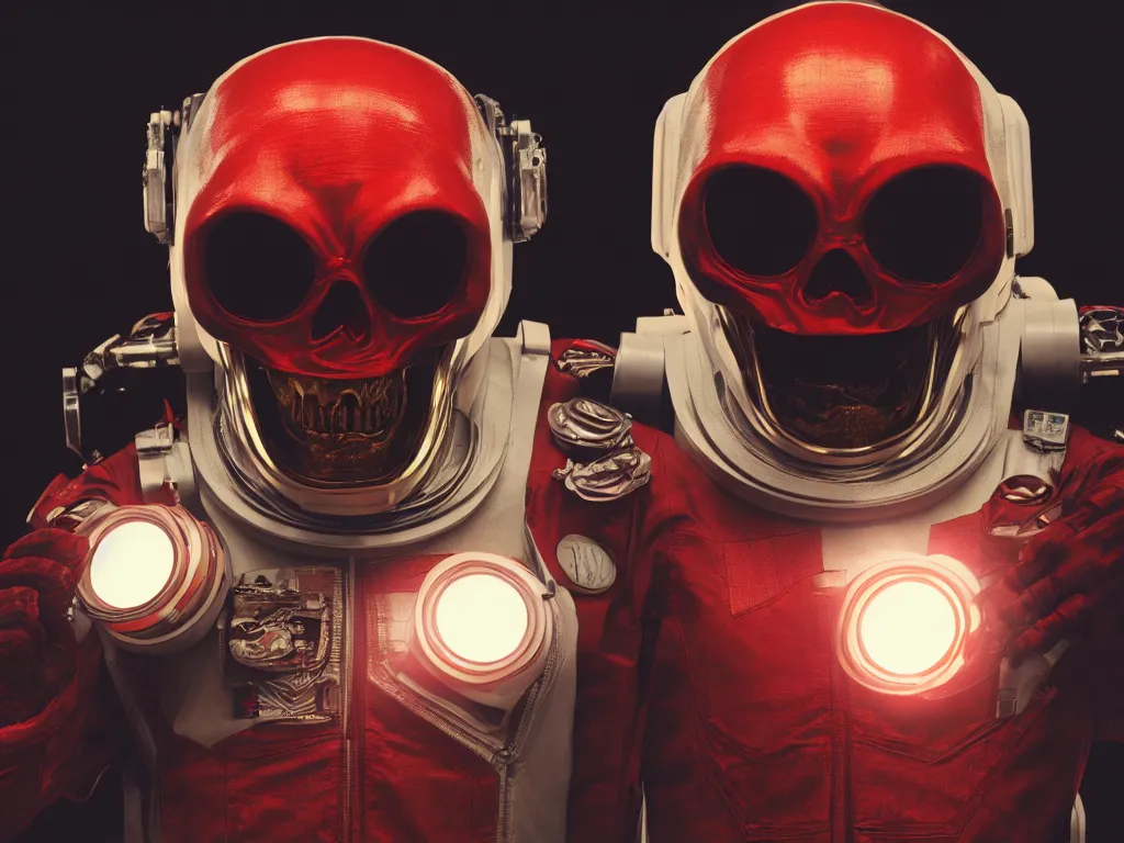 Image similar to ornate red skull in astronaut suit, gold linens, cinematic lighting, dramatic, octane render, long lens, shallow depth of field, bokeh, anamorphic lens flare, 8k, hyper detailed, 35mm film grain