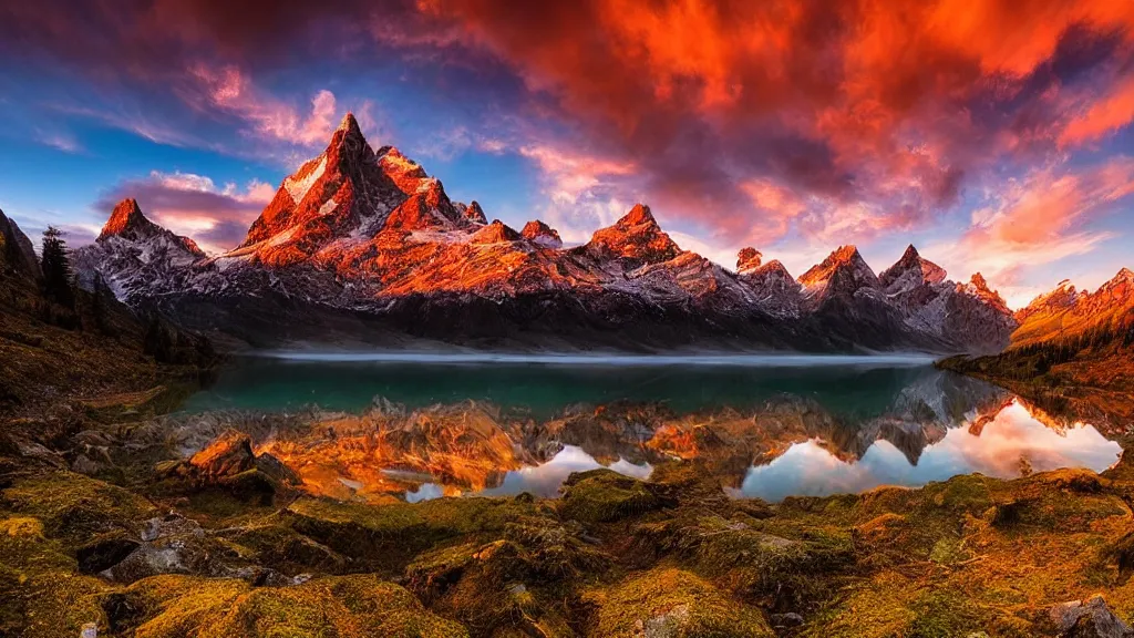 Image similar to amazing landscape photo of mountains with lake in sunset by marc adamus, beautiful dramatic lighting